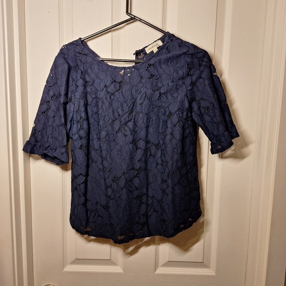 Monteau Navy Blue Floral Lace 3/4 Sleeve Blouse Large